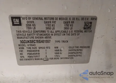 2014 Chevrolet Silverado 1500 1Lz from USA, damaged, VIN 3GCUKSEC7EG401557